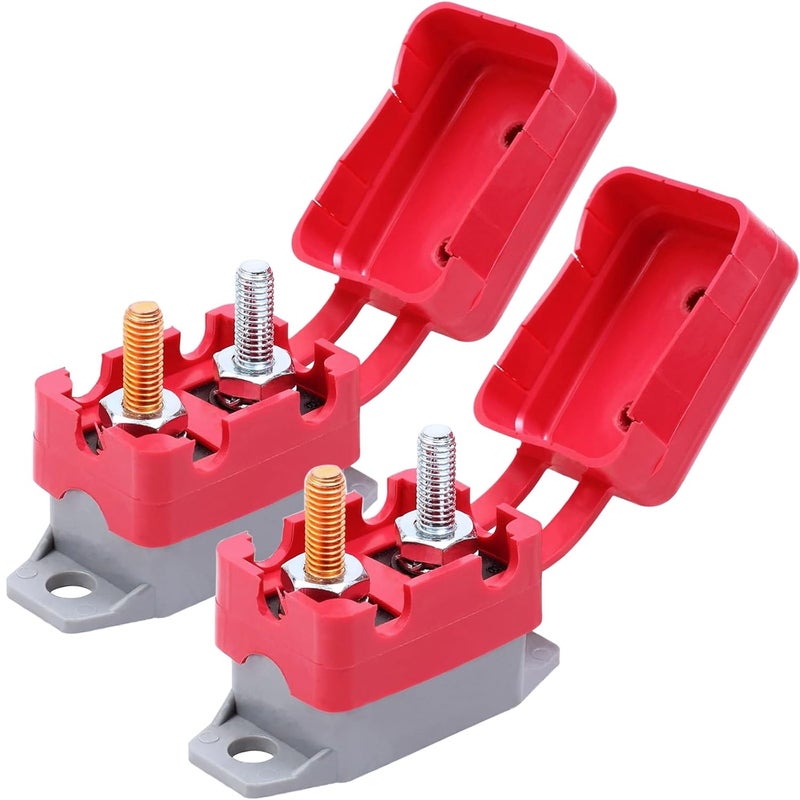 AMOMD 50 Amp 12V-24V Automatic Reset Circuit Breaker with Red Cover Stud Bolt Shortstop for Car Solar Boat RV and More (50A 2Pcs) - Image 1